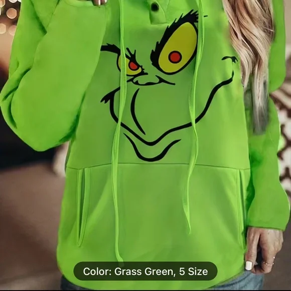LAST 1 🎄 GREEN CHRISTMAS HOLIDAY GRINCH HOODED RAGLAN SWEATSHIRT Size Women’s M - Picture 2 of 8